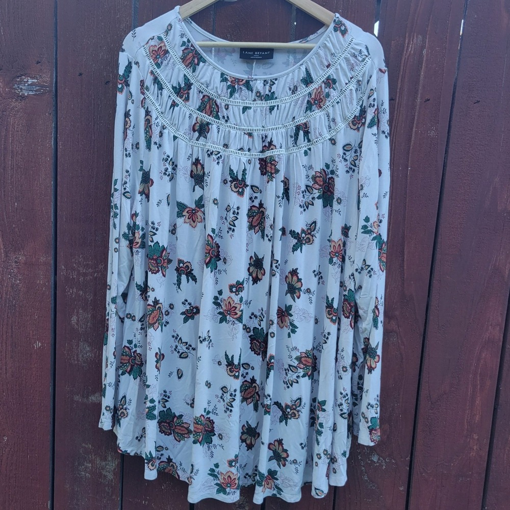 Lane Bryant Floral Tunic Top 22/24 Plus White Long Sleeve Blouse Boho Chic
